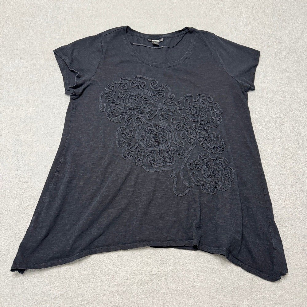 Style & Co Shirt Womens 2X Black Beaded Embroidered Handkerchief Hem Knit Tee